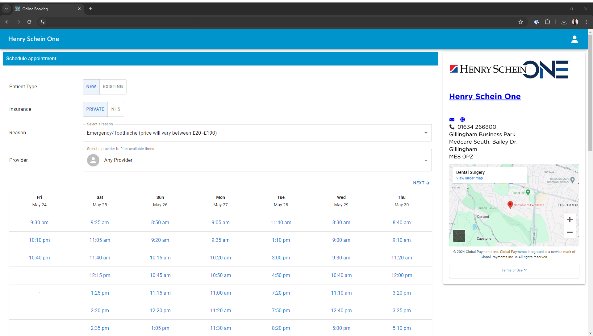 A screenshot of an Online Appointment Booking platform for use with EXACT dental software.